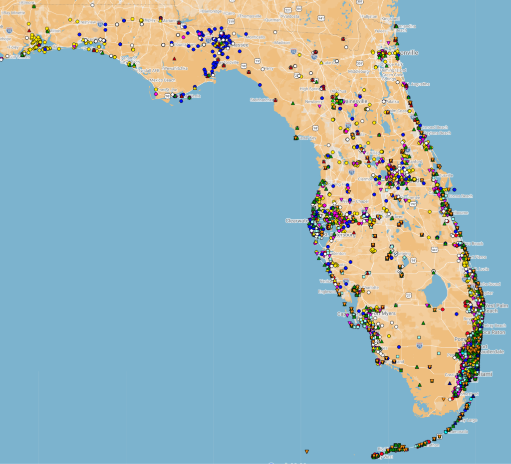 University of Florida termite distribution map showing termite records across Florida, with dense clusters along the Southwest Florida coast